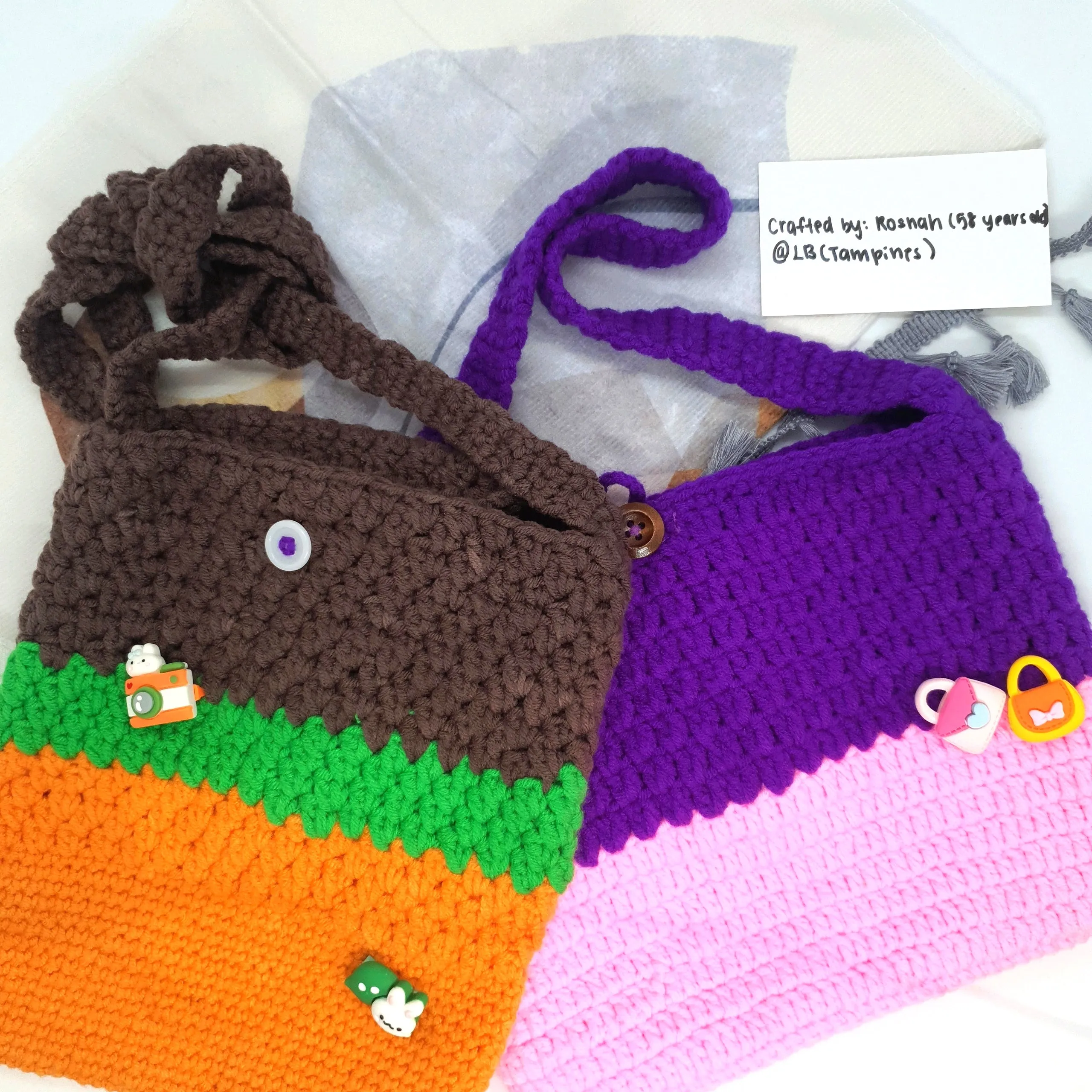 Hand Crocheted Button Handbag with Charms