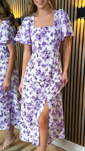 Indigo Purple Printed Frill Midi Dress