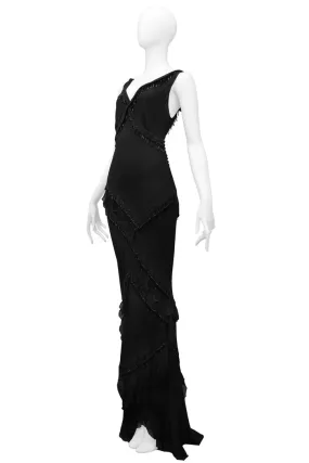 JOHN GALLIANO BLACK BEADED RUFFLE EVENING GOWN