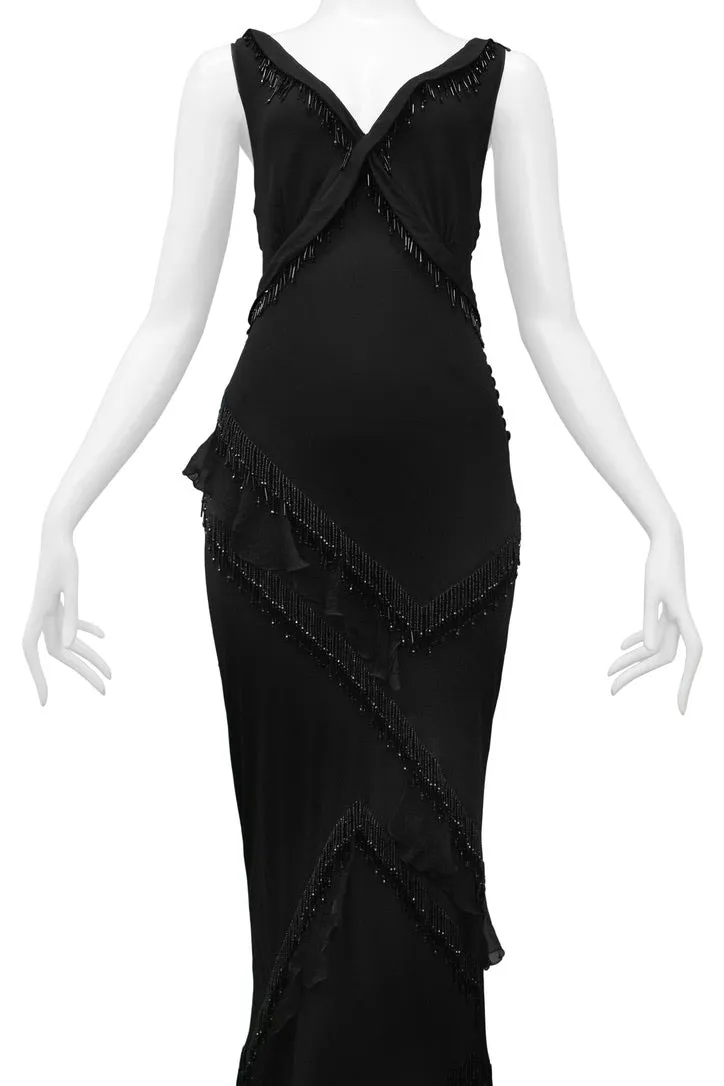 JOHN GALLIANO BLACK BEADED RUFFLE EVENING GOWN