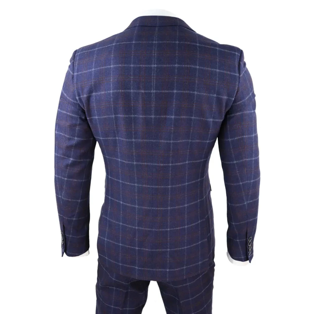 Kenneth - Men's 3 Piece Blue Suit Herringbone Tweed Check 1920s Wedding Prom