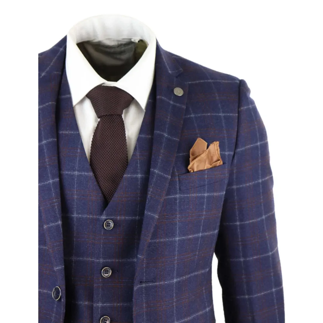 Kenneth - Men's 3 Piece Blue Suit Herringbone Tweed Check 1920s Wedding Prom