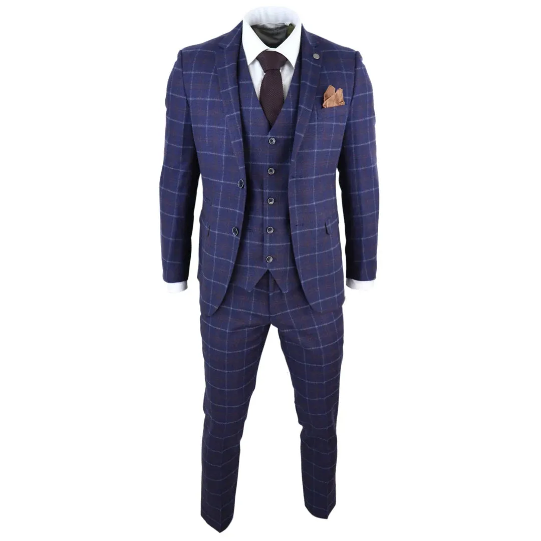 Kenneth - Men's 3 Piece Blue Suit Herringbone Tweed Check 1920s Wedding Prom