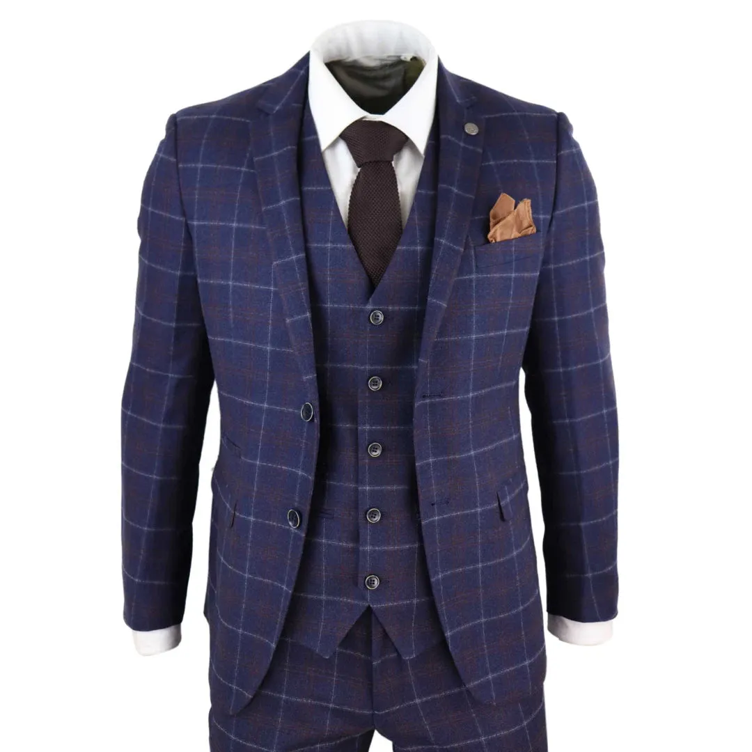 Kenneth - Men's 3 Piece Blue Suit Herringbone Tweed Check 1920s Wedding Prom