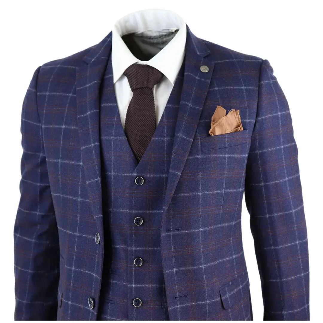 Kenneth - Men's 3 Piece Blue Suit Herringbone Tweed Check 1920s Wedding Prom