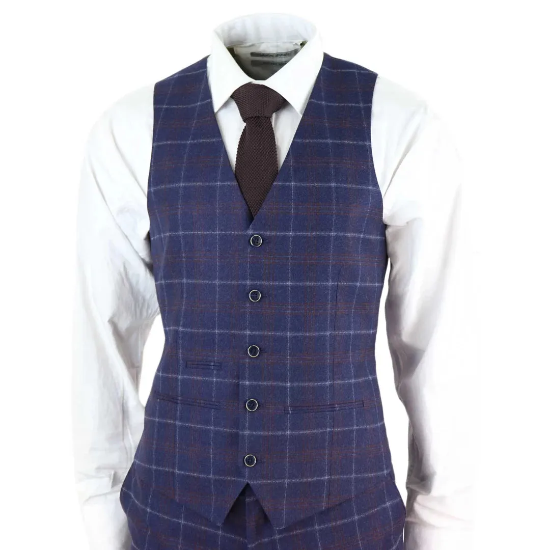 Kenneth - Men's 3 Piece Blue Suit Herringbone Tweed Check 1920s Wedding Prom