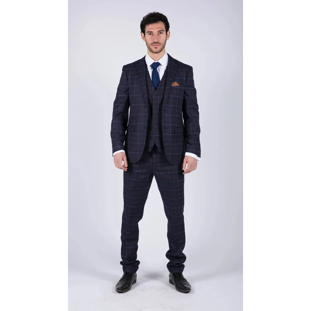 Kenneth - Men's 3 Piece Blue Suit Herringbone Tweed Check 1920s Wedding Prom