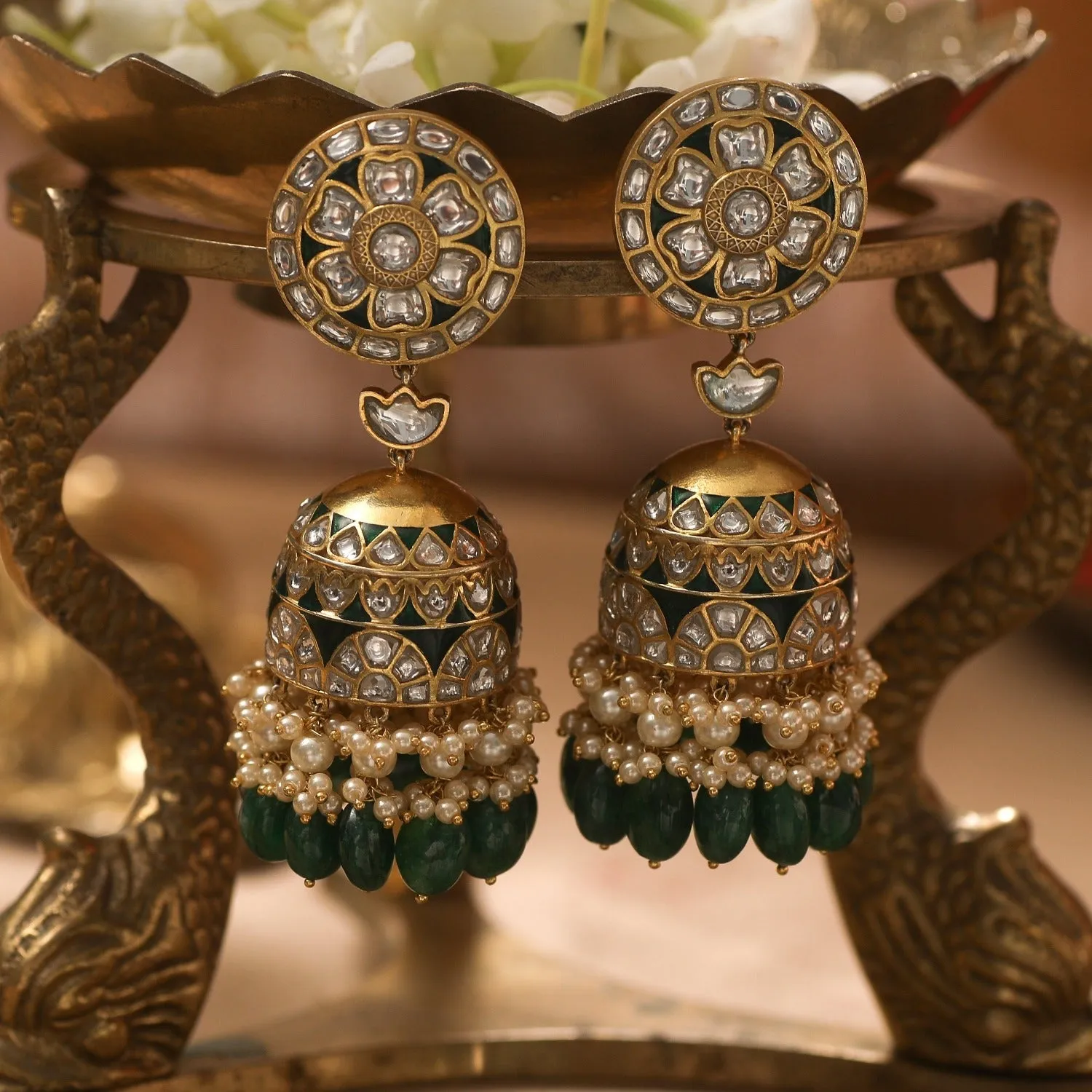 Khandika Polki Jadau Silver Jhumki Earrings