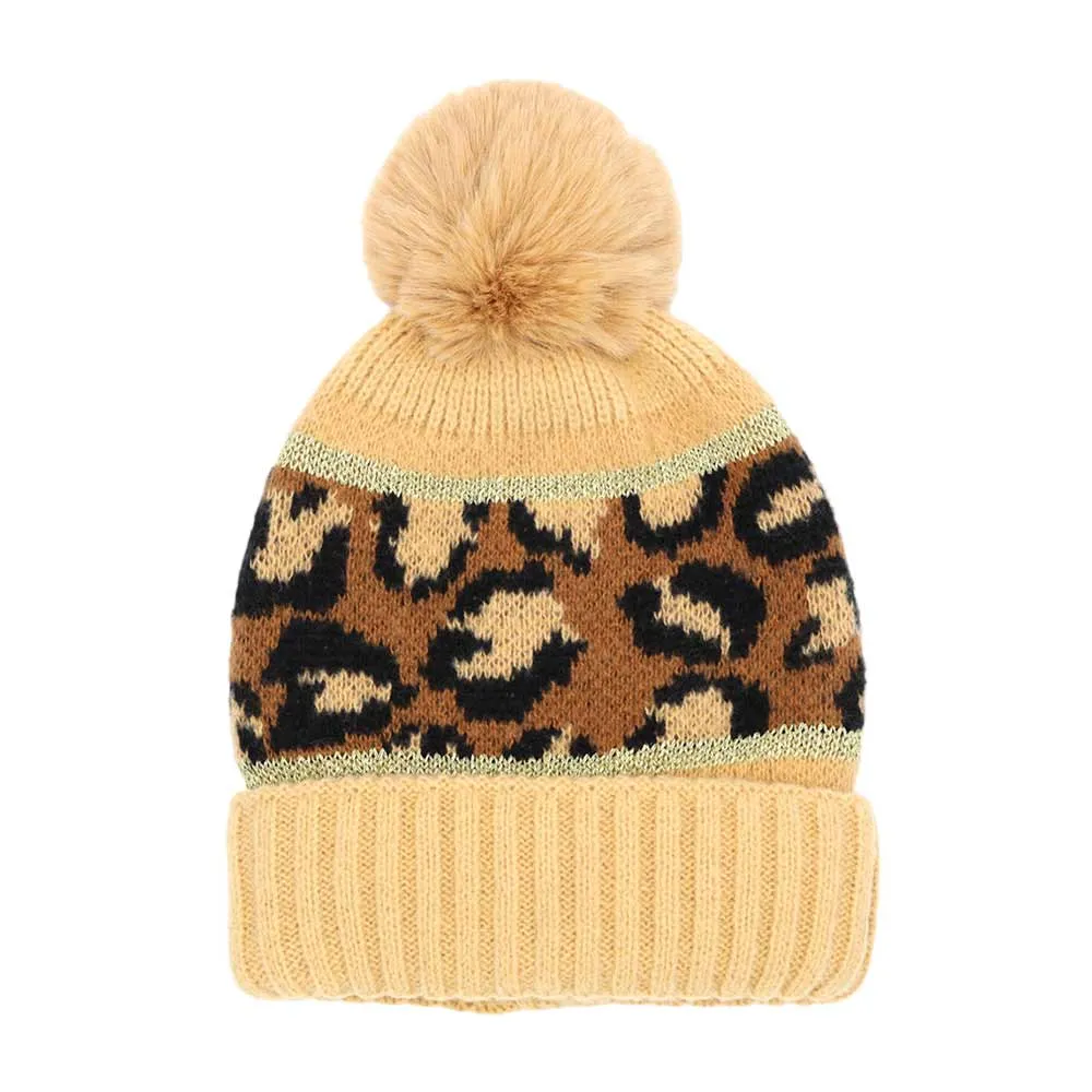 Leopard Patterned Pom Pom Beanie Hat