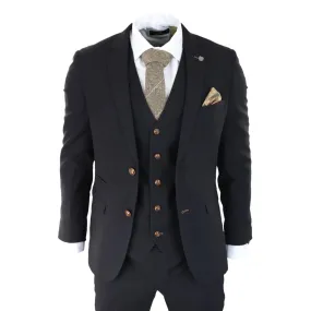 Mayfair - Men's Black 3 piece Suit Brown Trim Classic Birdseye Wedding Grooms