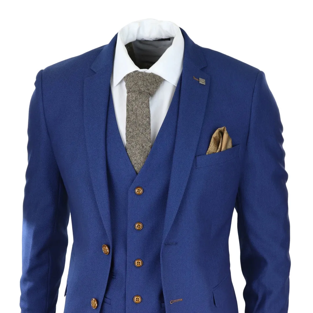 Mayfair - Men's Royal Blue 3 piece Suit Brown Trim Classic Birdseye Wedding Grooms