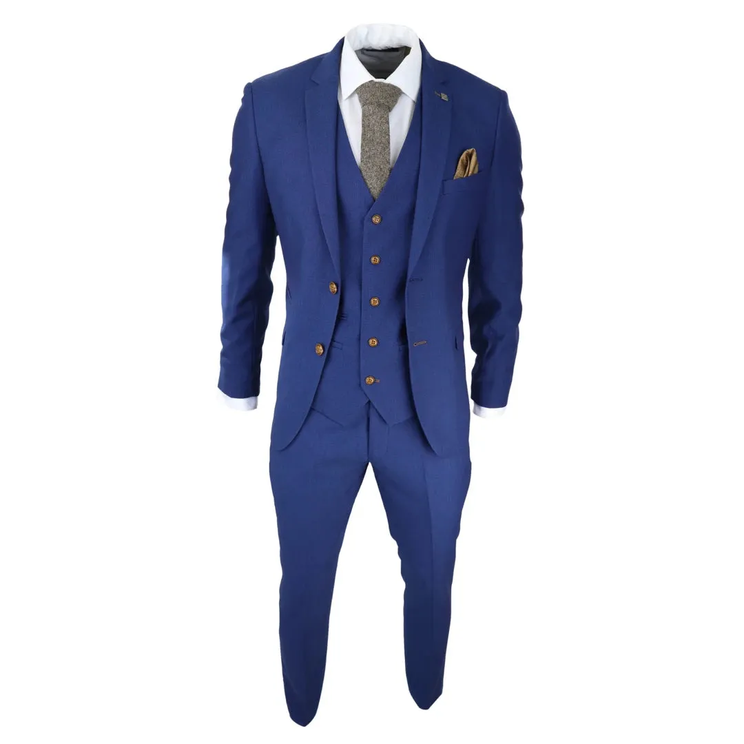 Mayfair - Men's Royal Blue 3 piece Suit Brown Trim Classic Birdseye Wedding Grooms