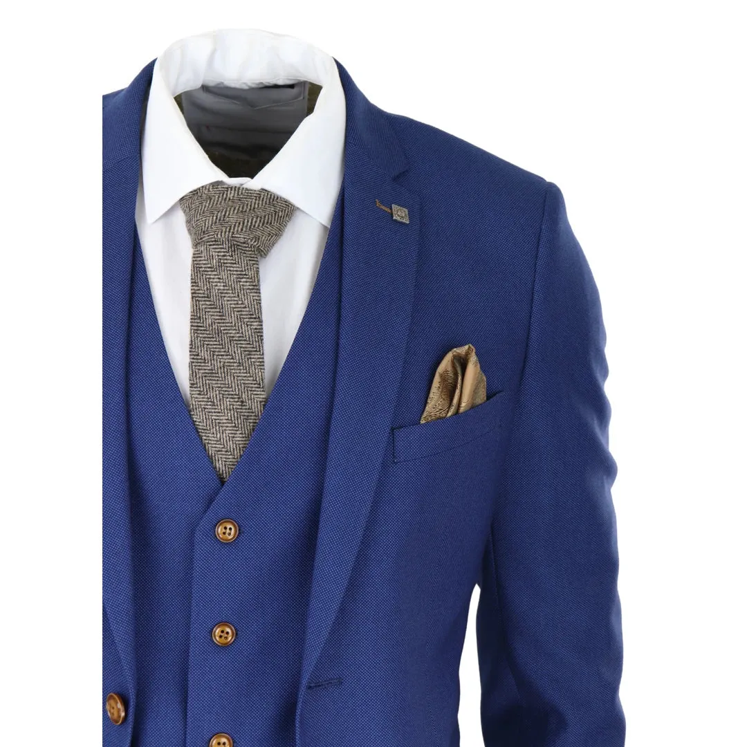 Mayfair - Men's Royal Blue 3 piece Suit Brown Trim Classic Birdseye Wedding Grooms