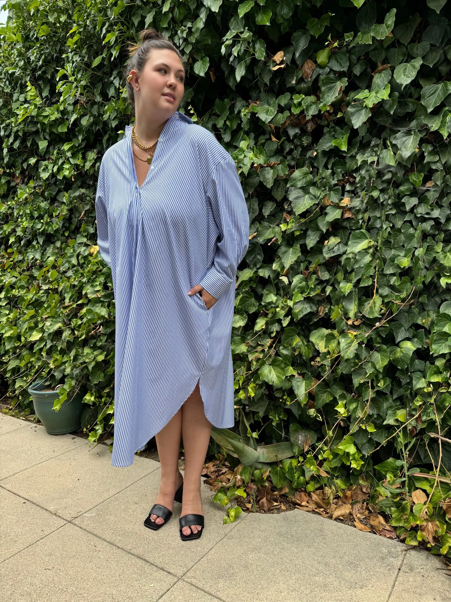 Mia Oversized Shirt Dress- Blue Pinstripe