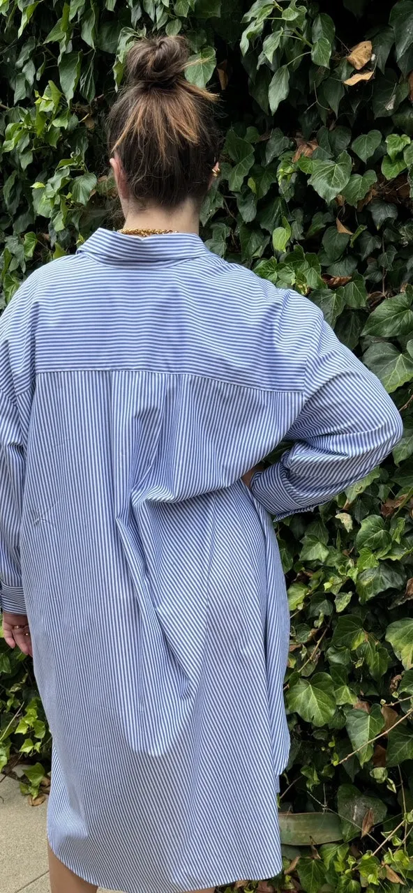 Mia Oversized Shirt Dress- Blue Pinstripe