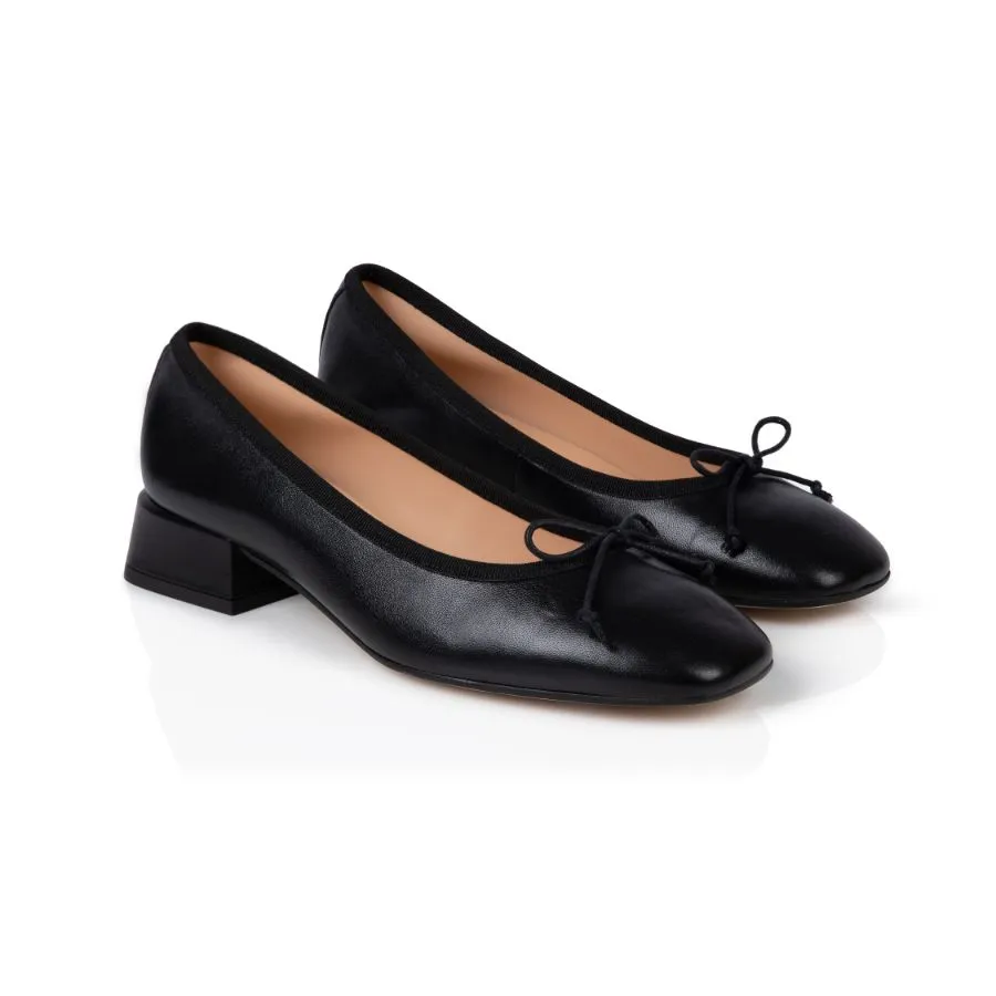 Misty: Black Leather Block Heel Ballerina