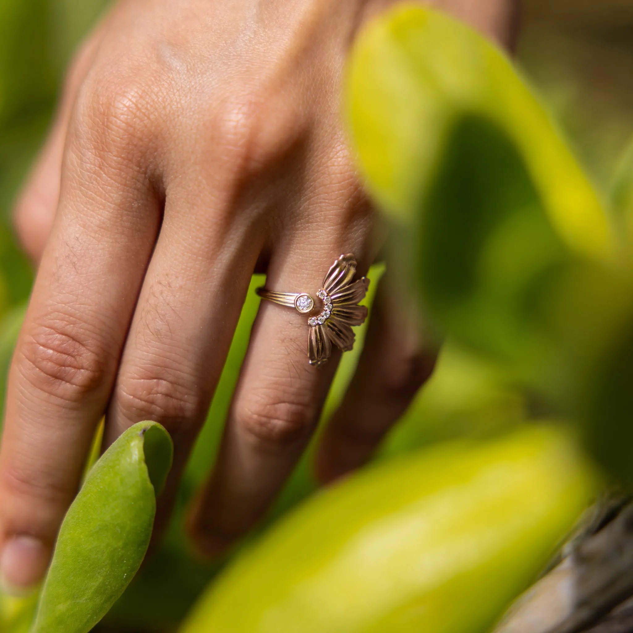 Mountain Naupaka Ring in Two Tone Gold with Diamonds