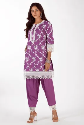 Mulmul Cotton Kai Purple Kurta With Kai Purple Pyajama