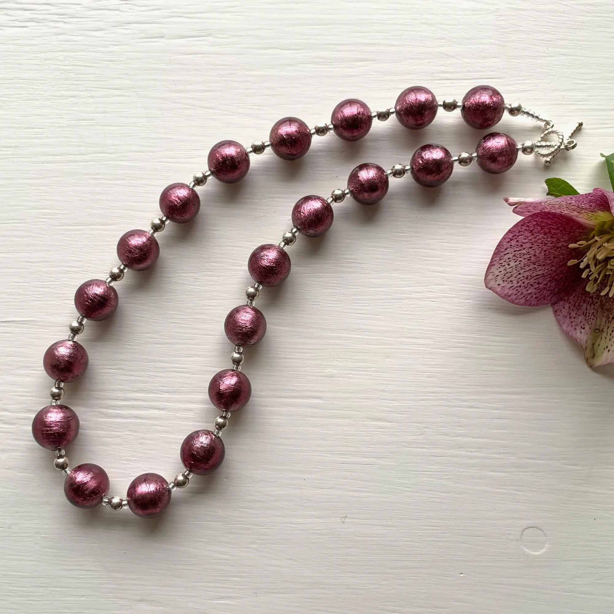 Necklace with amethyst (purple) Murano glass small sphere beads on silver