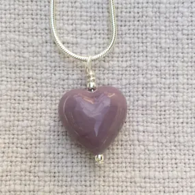 Necklace with purple pastel Murano glass small heart pendant on silver snake chain