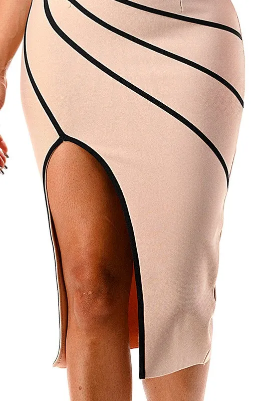 One Shoulder Beige Bandage Midi