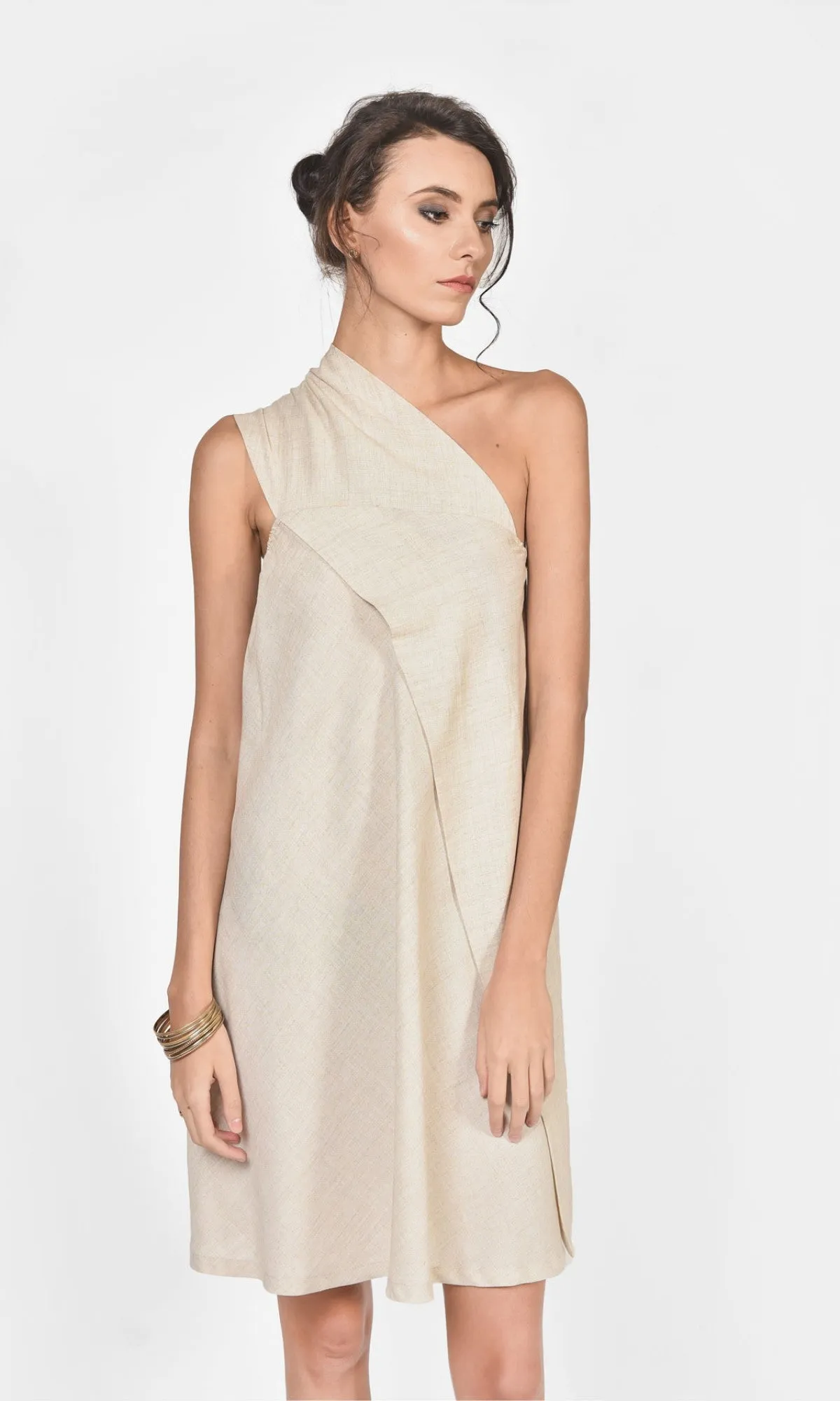 One Shoulder Mini Linen Dress