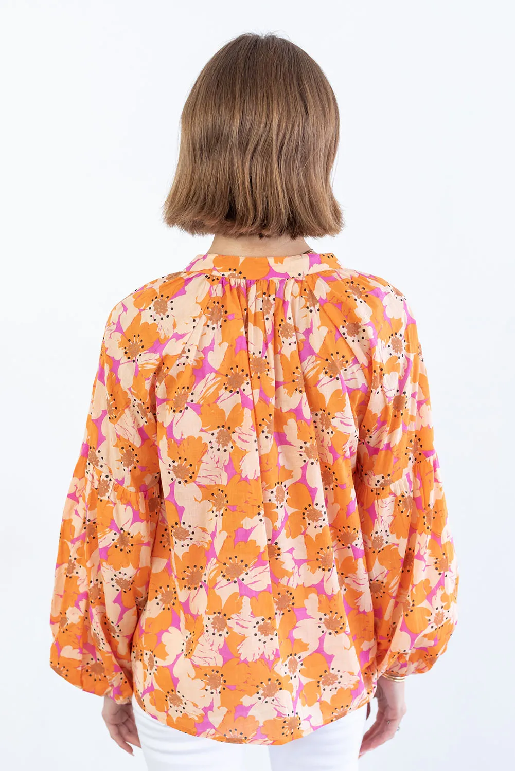 Orange Floral Print Loose Sleeve Shirt