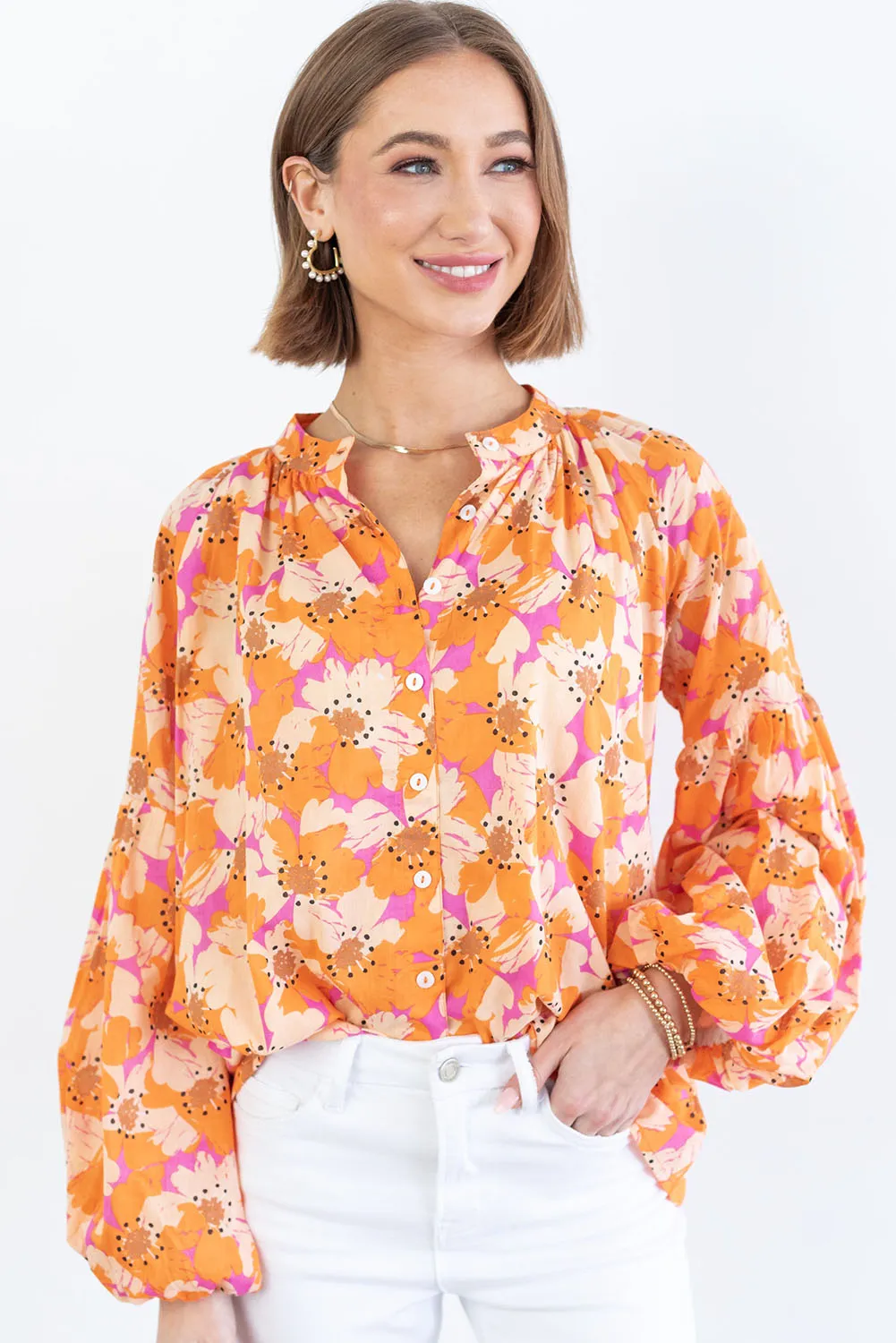 Orange Floral Print Loose Sleeve Shirt