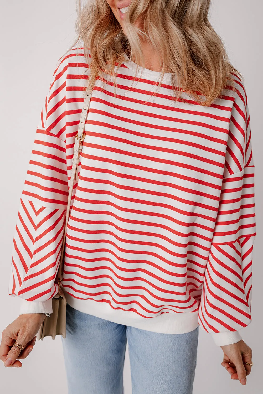 Orange Stripe Drop Shoulder Crew Neck Loose Sweatshirt