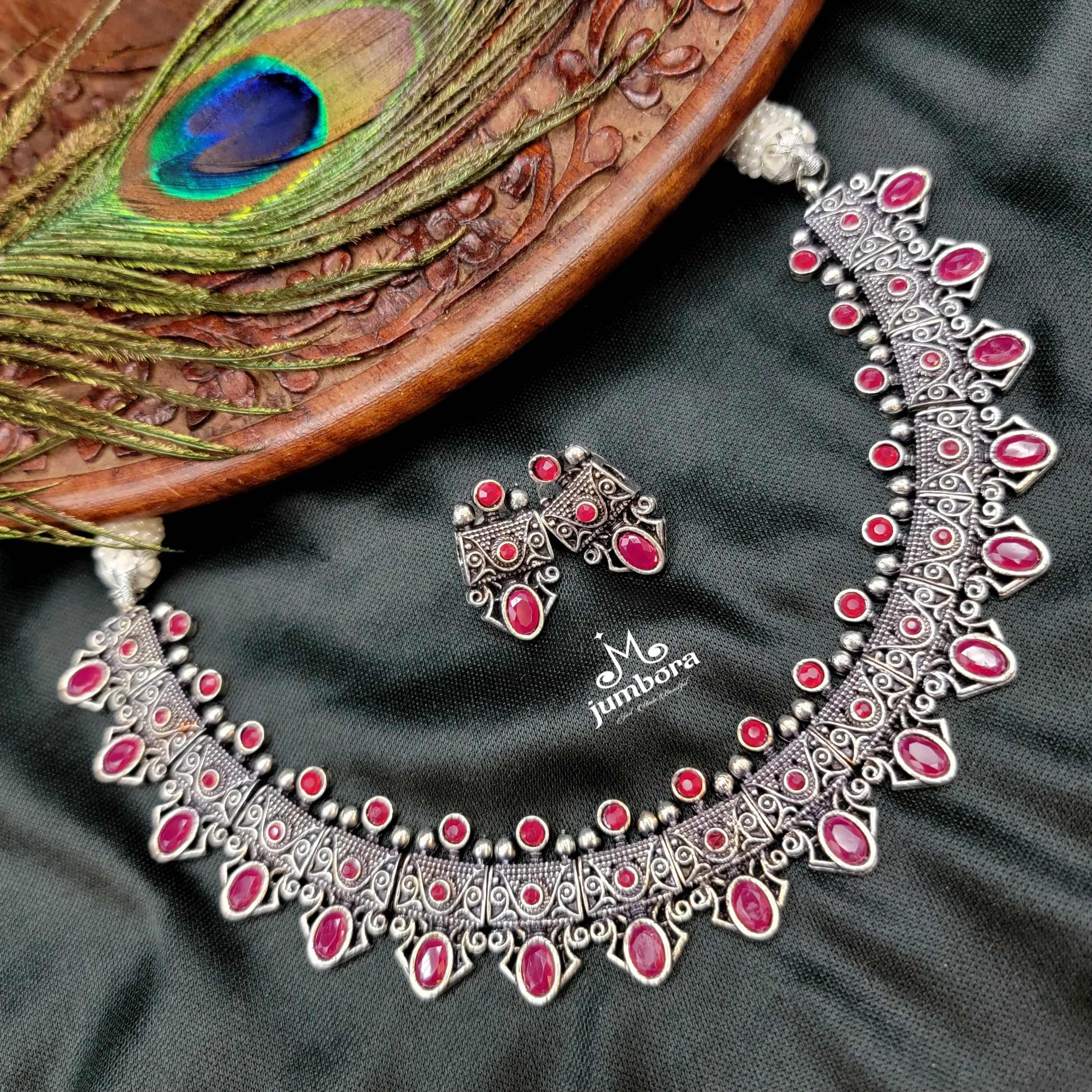 Oxidized German Silver Ruby Red Stone Necklace set