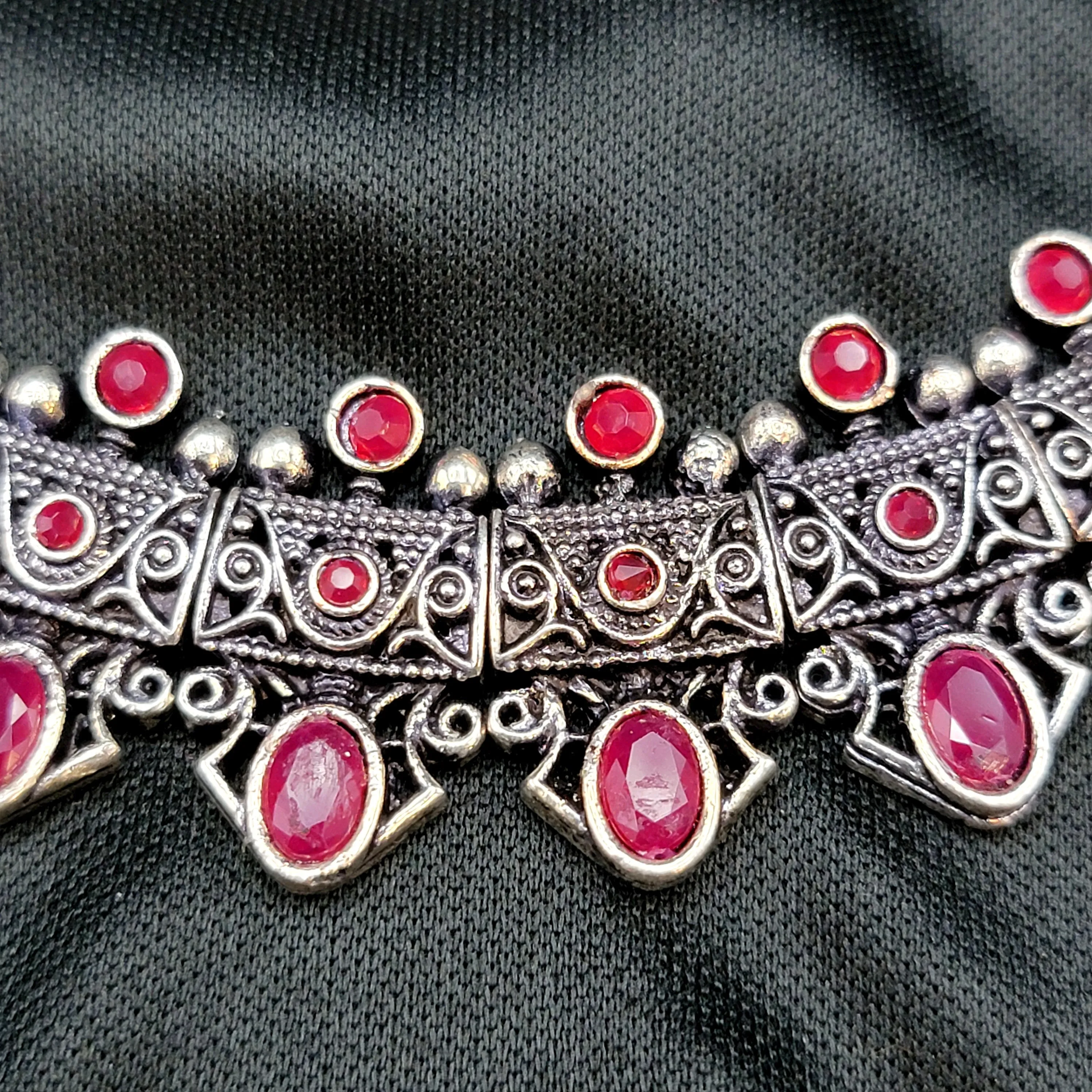 Oxidized German Silver Ruby Red Stone Necklace set