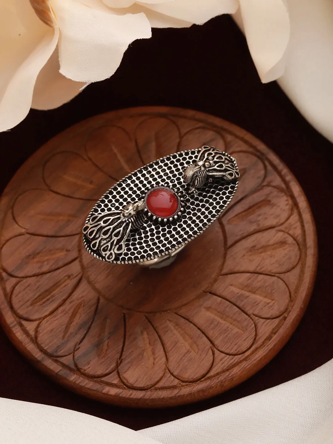 Oxidized Silver-Plated & Red Stone Studded Handcrafted Adjustable Finger Ring