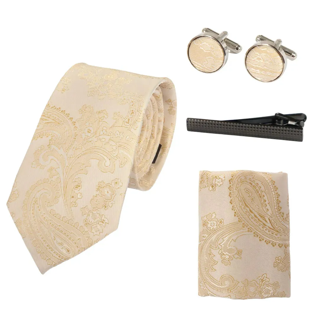 Paisley Neck Tie Gift Set Pocket Square Cuff Links Floral Satin