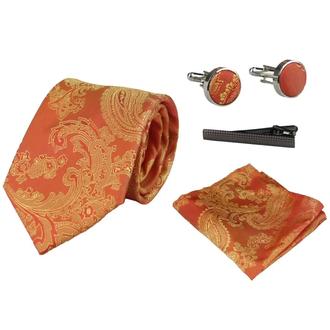 Paisley Neck Tie Gift Set Pocket Square Cuff Links Floral Satin