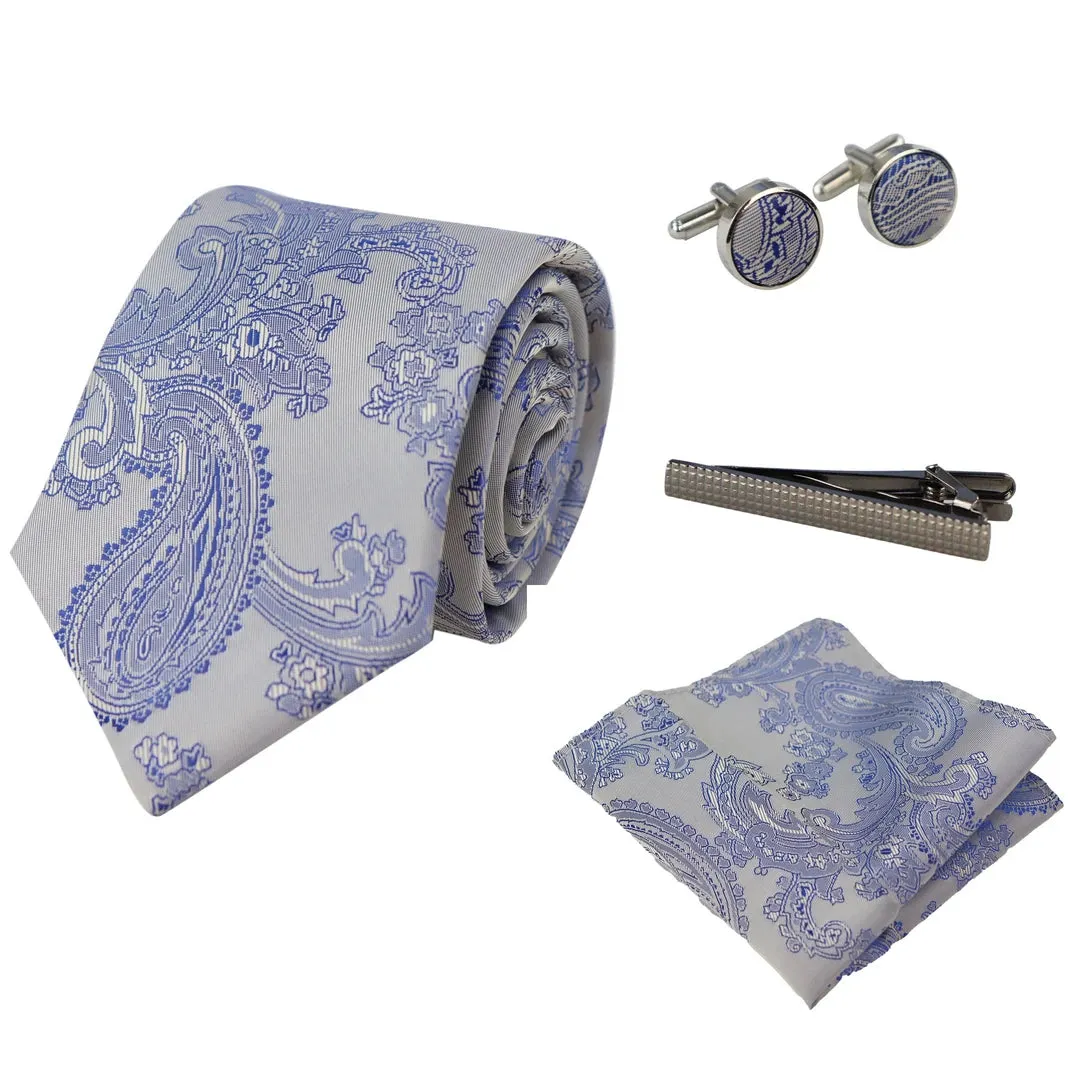 Paisley Neck Tie Gift Set Pocket Square Cuff Links Floral Satin