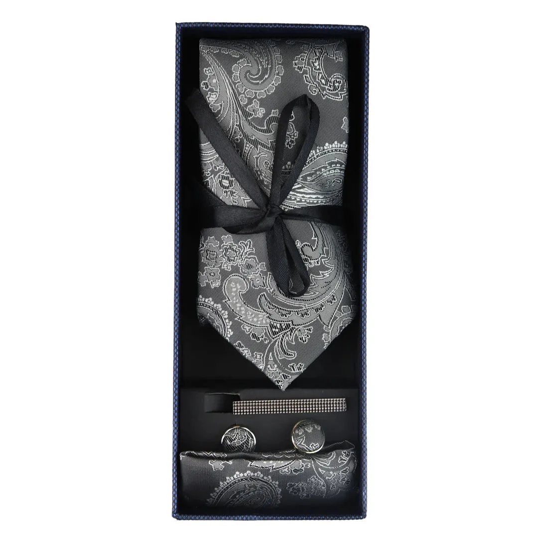 Paisley Neck Tie Gift Set Pocket Square Cuff Links Floral Satin