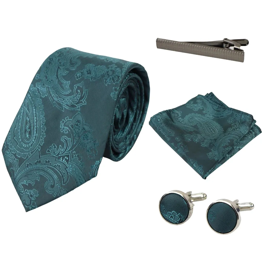 Paisley Neck Tie Gift Set Pocket Square Cuff Links Floral Satin