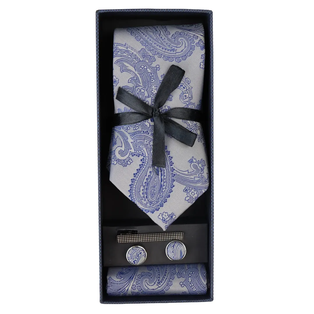 Paisley Neck Tie Gift Set Pocket Square Cuff Links Floral Satin