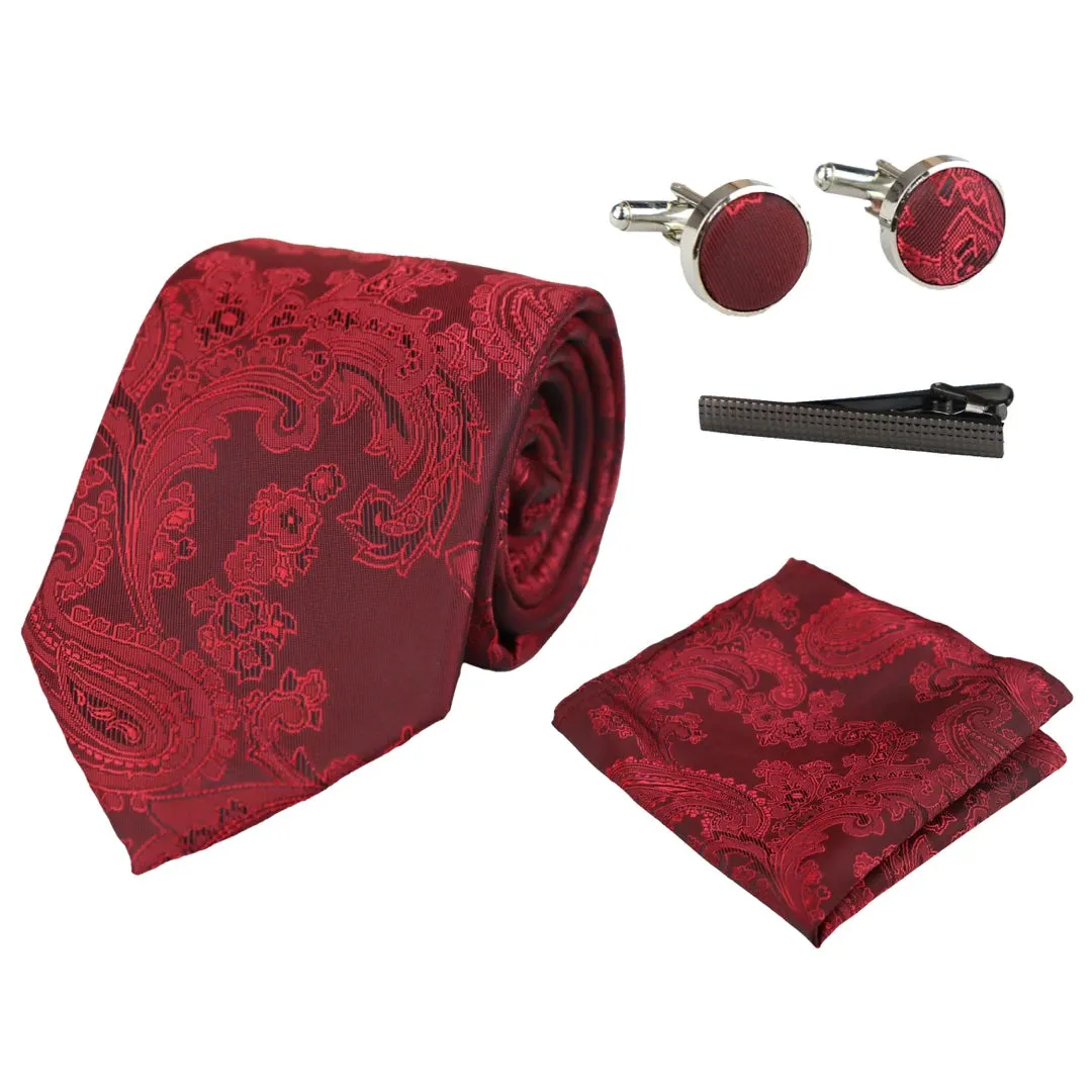 Paisley Neck Tie Gift Set Pocket Square Cuff Links Floral Satin