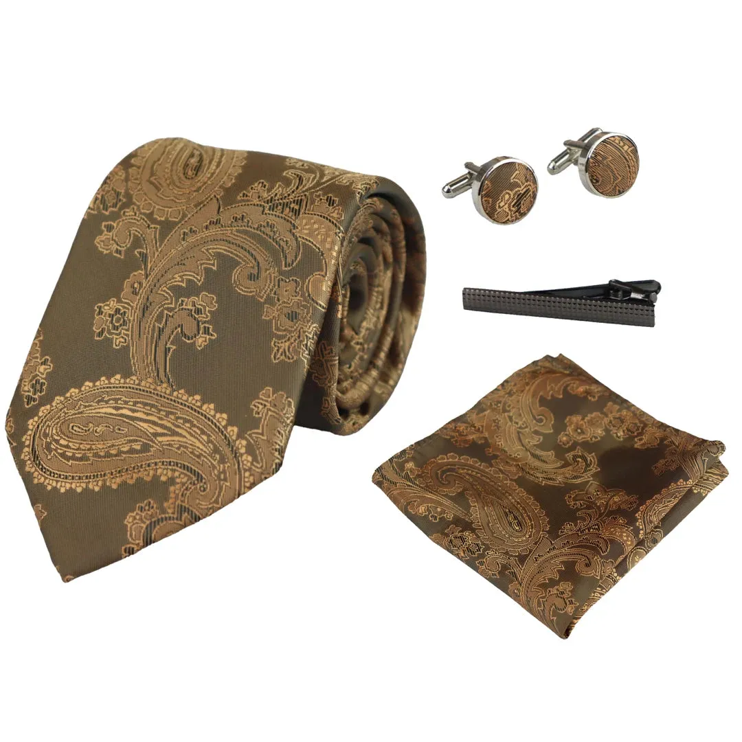 Paisley Neck Tie Gift Set Pocket Square Cuff Links Floral Satin