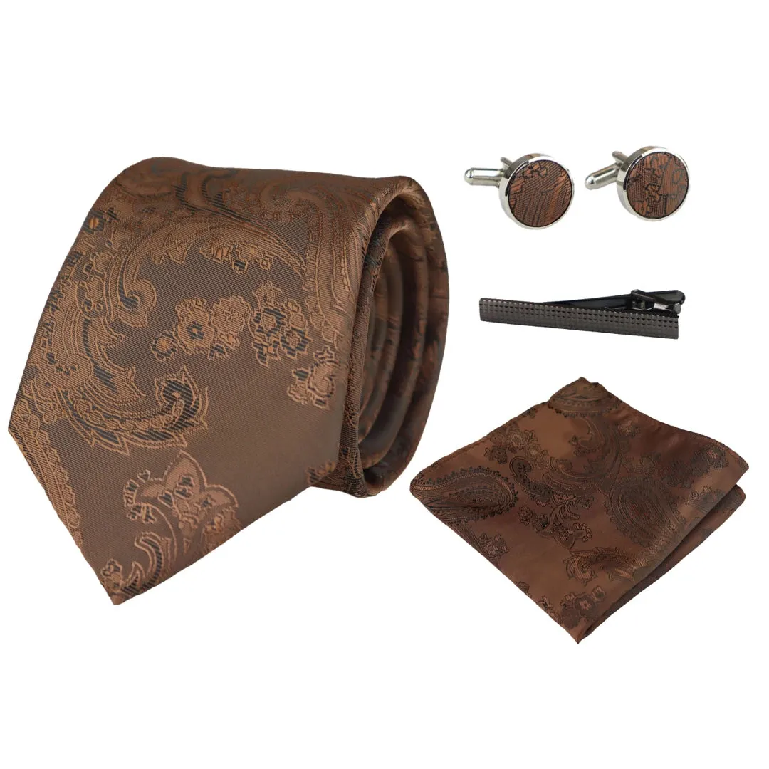 Paisley Neck Tie Gift Set Pocket Square Cuff Links Floral Satin