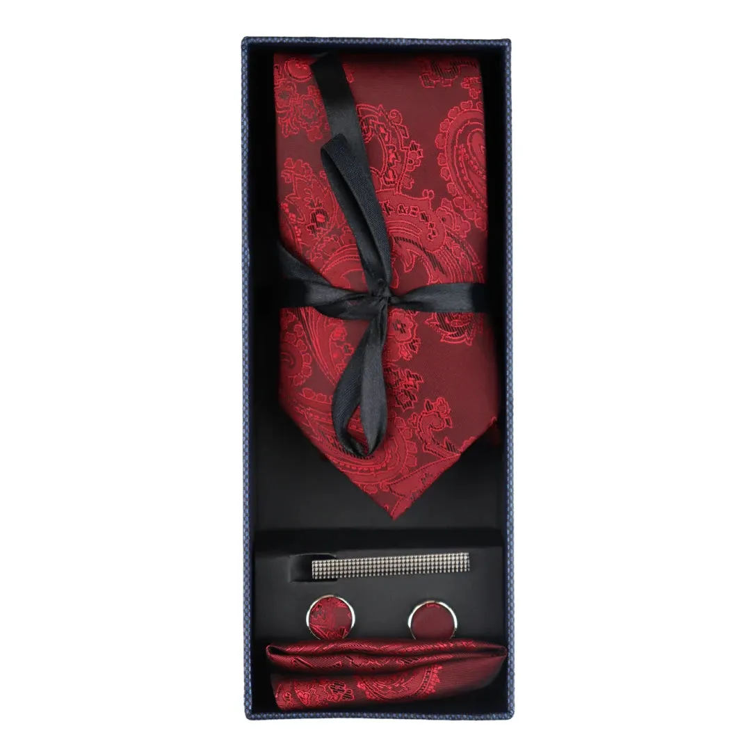 Paisley Neck Tie Gift Set Pocket Square Cuff Links Floral Satin