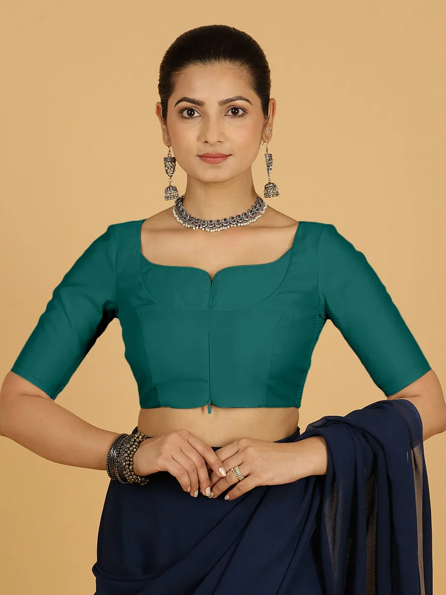 Priya x Rozaana | Elbow Sleeves Saree Blouse in Peacock Green