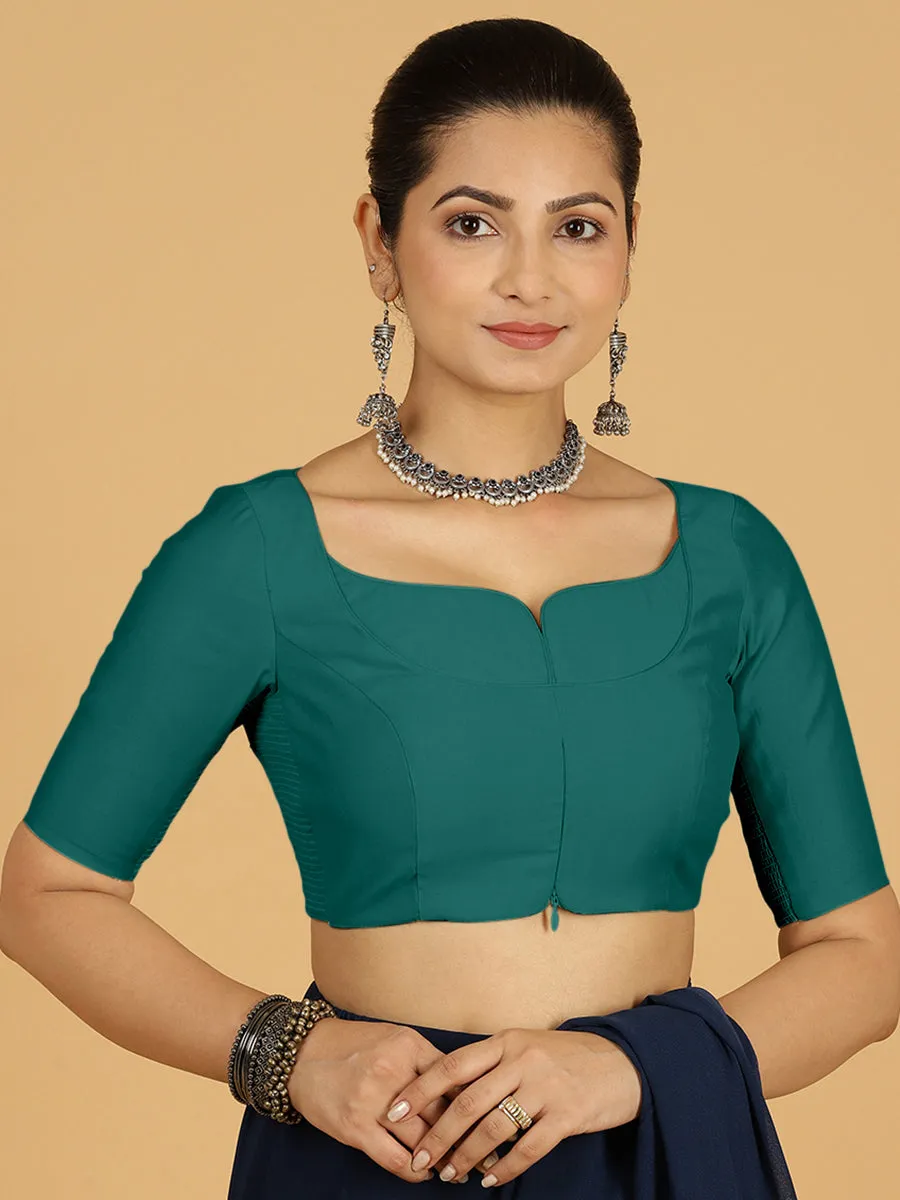 Priya x Rozaana | Elbow Sleeves Saree Blouse in Peacock Green