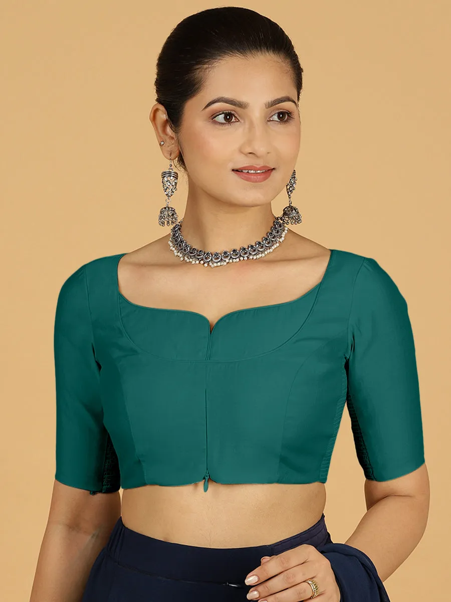 Priya x Rozaana | Elbow Sleeves Saree Blouse in Peacock Green