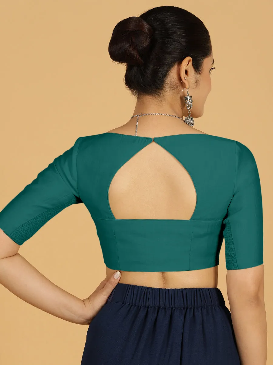 Priya x Rozaana | Elbow Sleeves Saree Blouse in Peacock Green