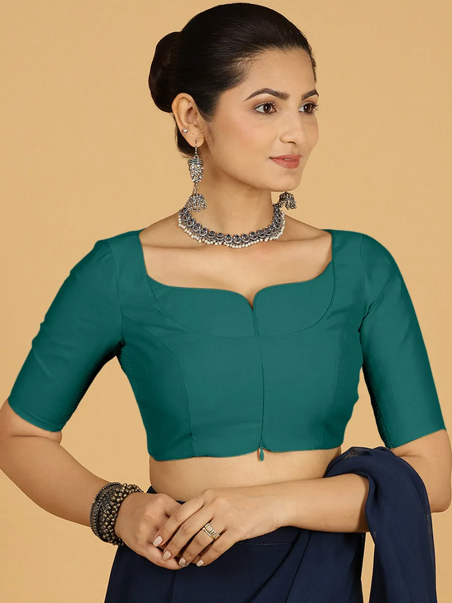 Priya x Rozaana | Elbow Sleeves Saree Blouse in Peacock Green