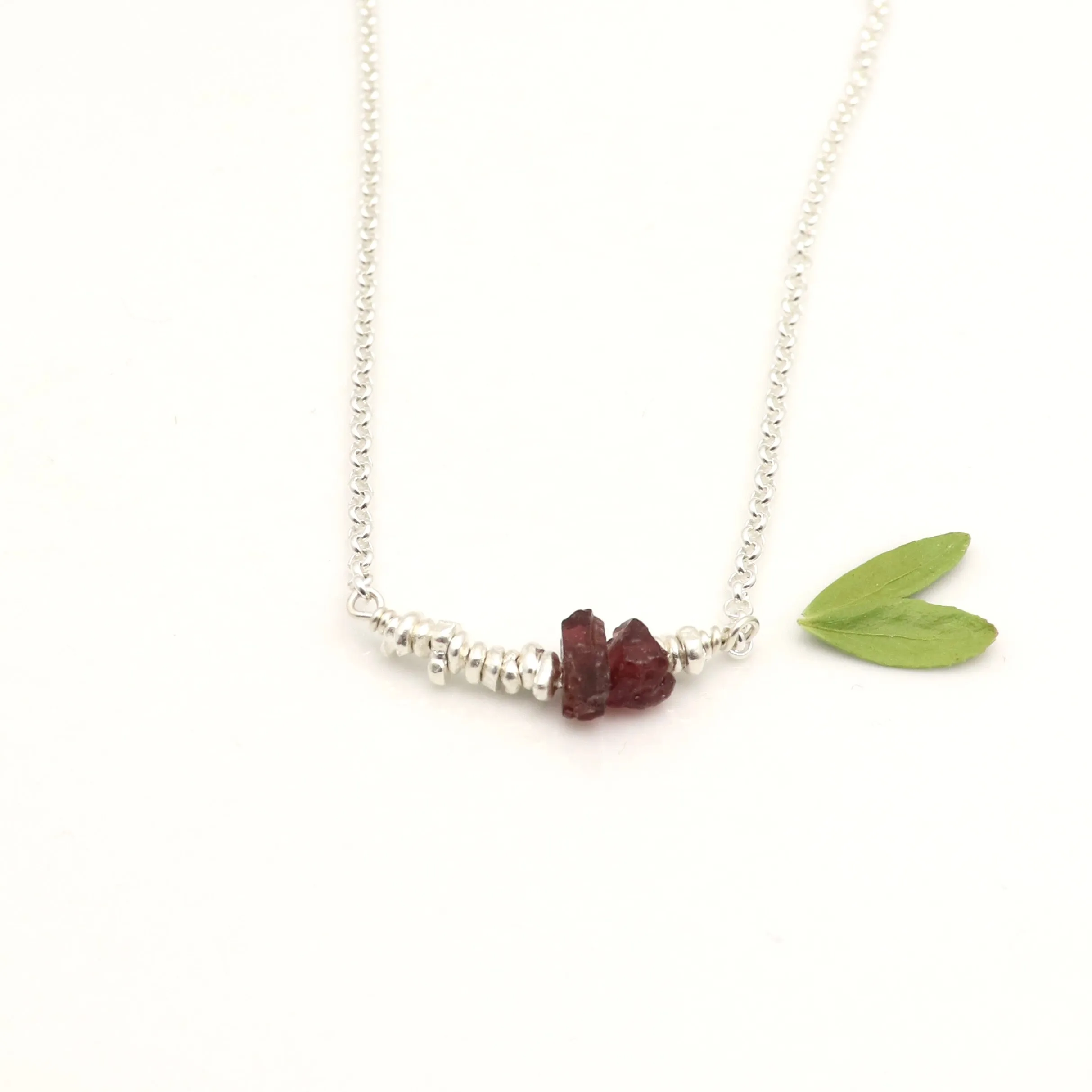 Raw Cut Red Garnet & Fine Silver Nugget Necklace