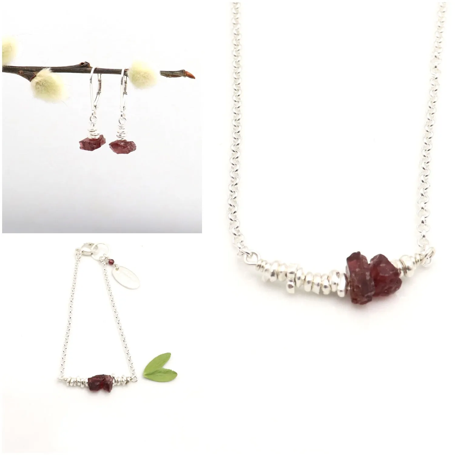 Raw Cut Red Garnet & Fine Silver Nugget Necklace