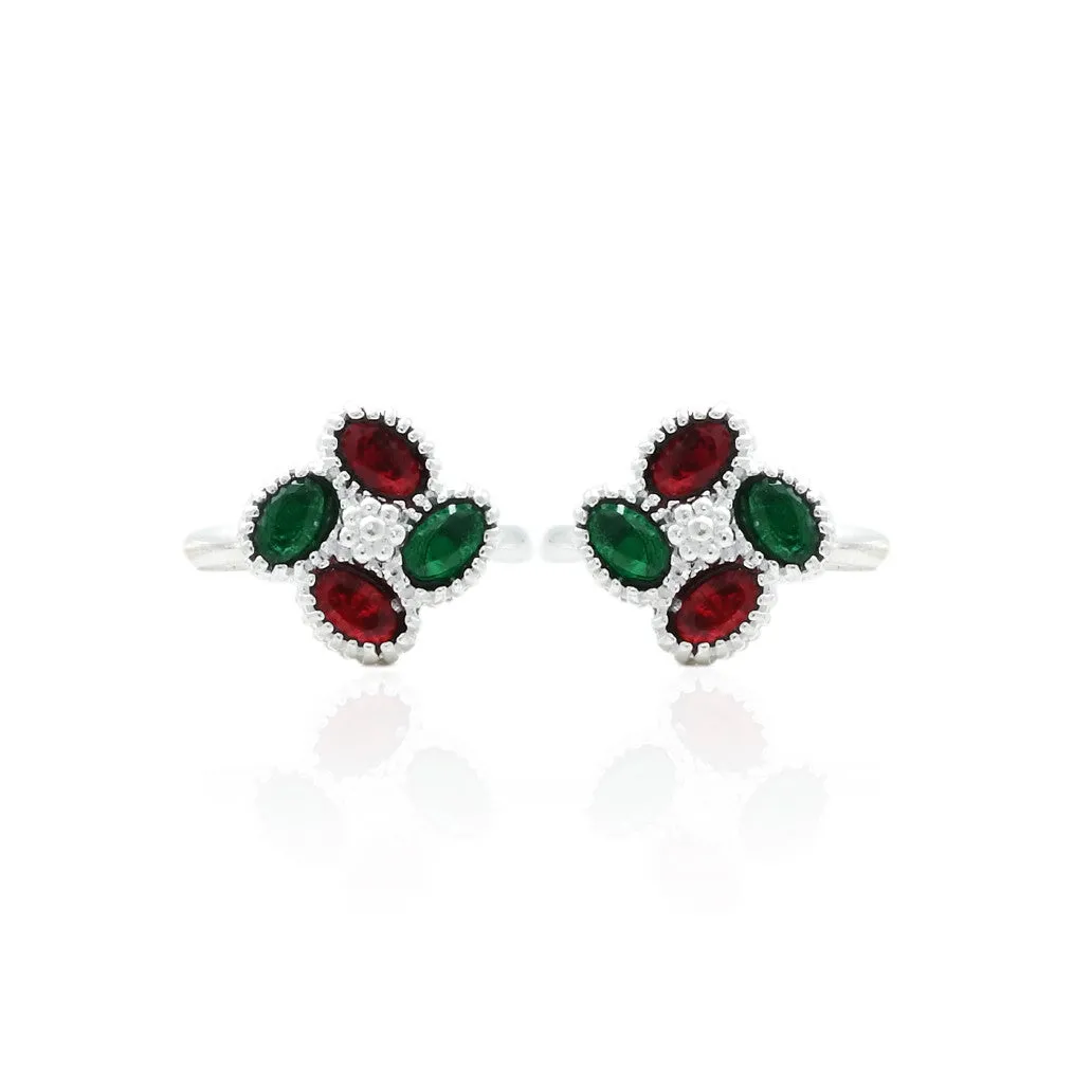 Red and Green Gems Silver Toe Ring